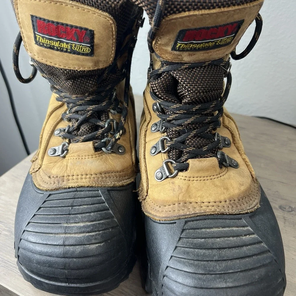 Vtg Rocky Men's 8 Leather 600g Thinsulate Winter Snow Boots Tan‎ Black 7915